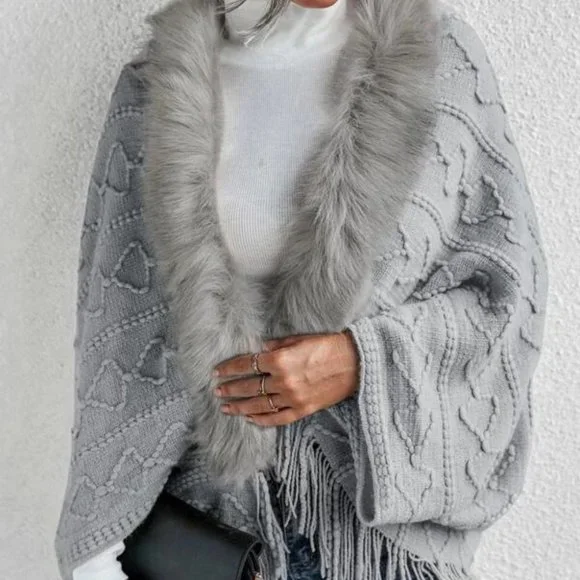 Gray Faux fur Trim Textured Knit Open front Sweater Cardigan - Picture 8 of 9